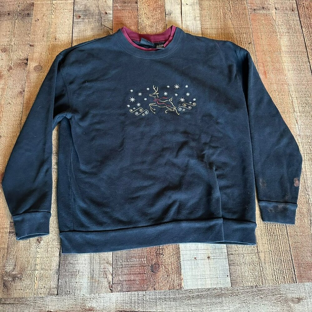 Vintage Black Sweatshirt With Embroidered Reindeer Design And Red Collar Trim
